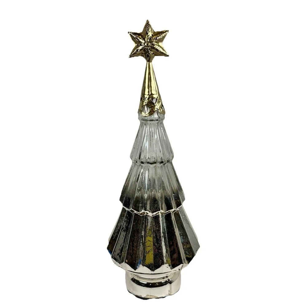 Silver Mercury Glass Tiered Christmas Tree Decor w/ Gold Star Topper 17